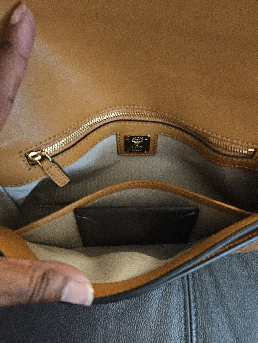 MCM Cognac Visetos Envelope Crossbody with Gold Hardware